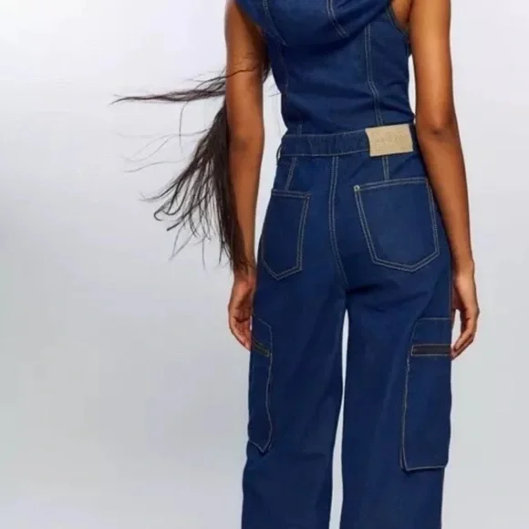Urban Outfitters LeeAngel Chen Denim Coverall Jumpsuit Hooded Zipper Cargo
